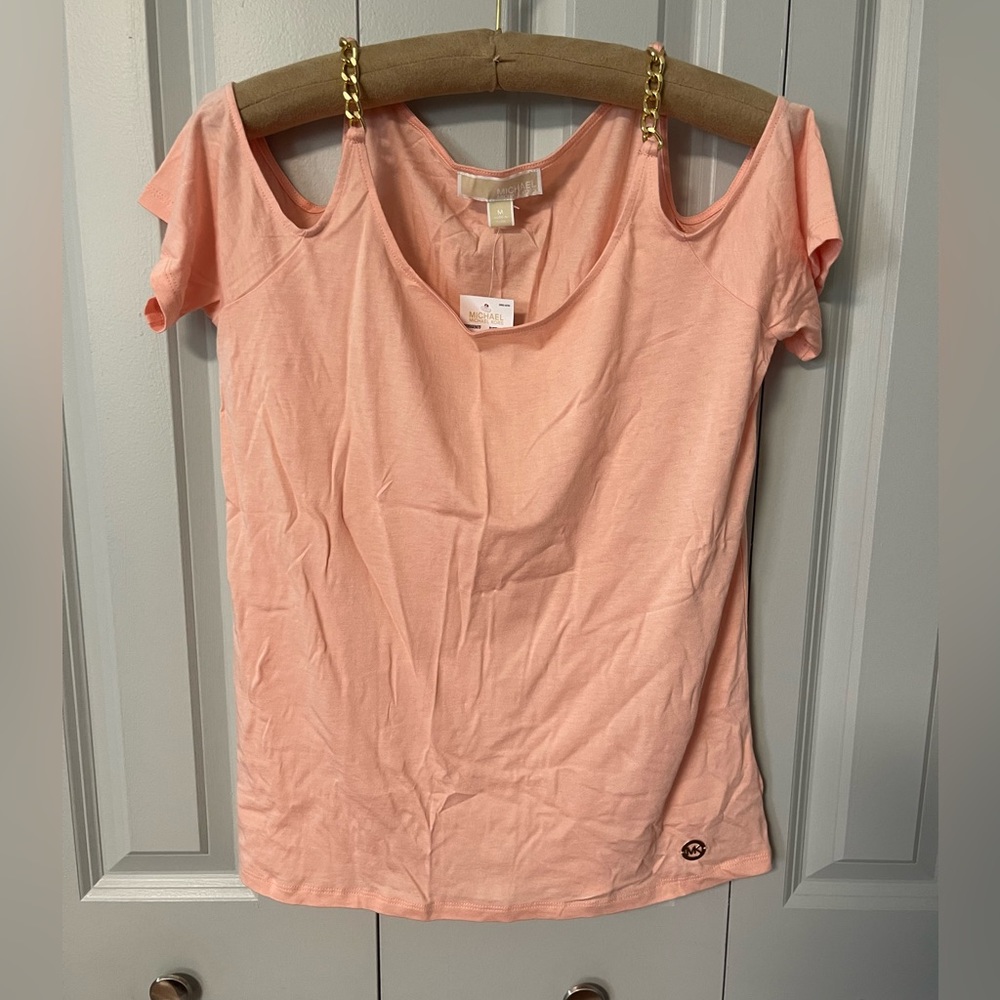 NWT - Michael Kors MK Peach Pastel Shirt with Chain Accents on the Shoulder - M
